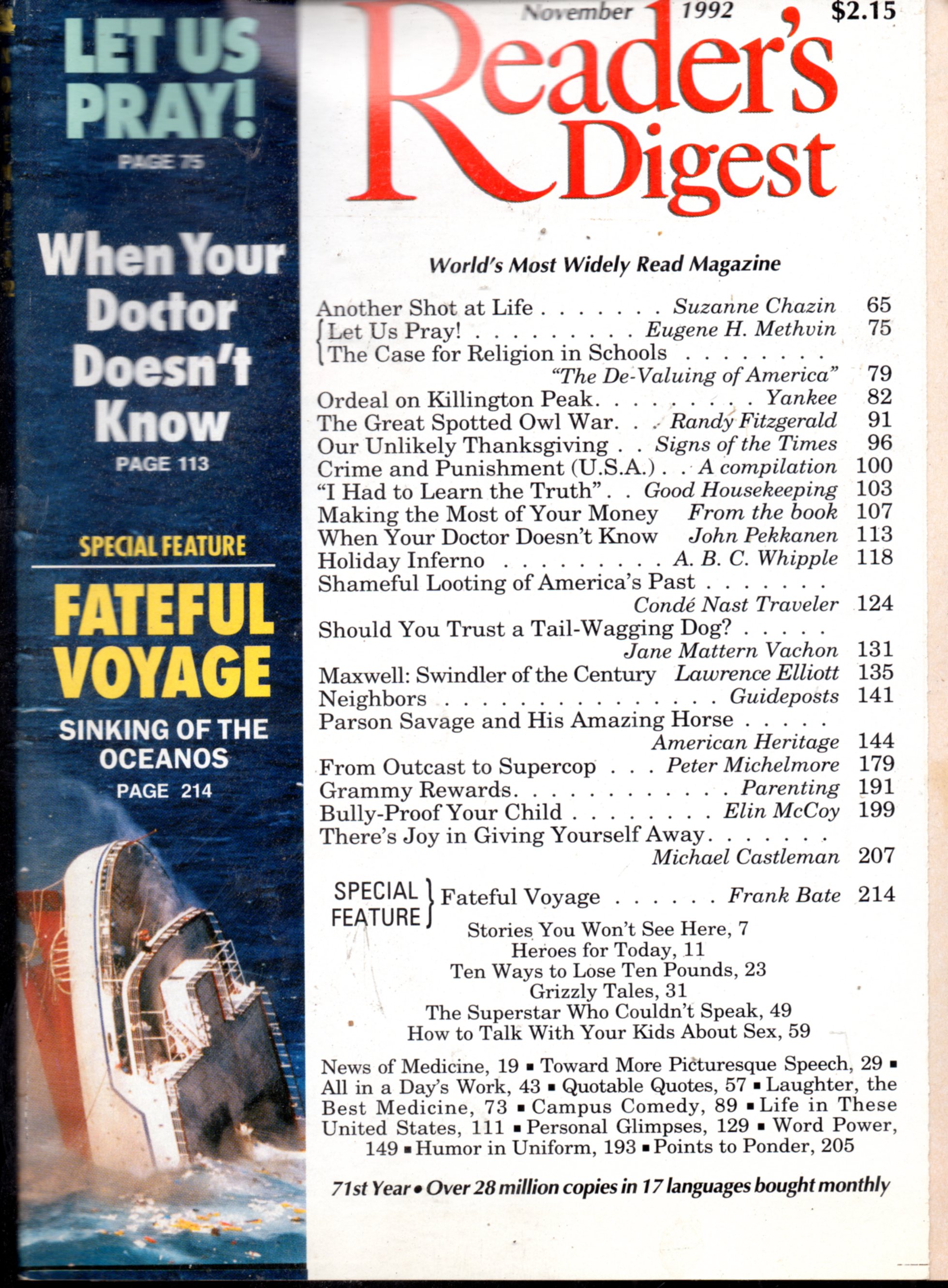 Reader's Digest Magazine November 1992